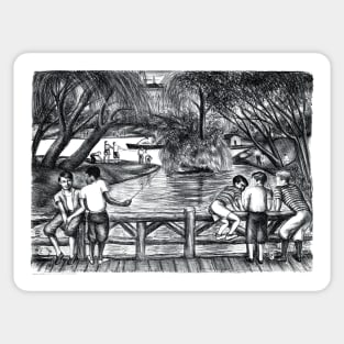 Children Fishing in the Park, New York City by Richard Lindsey Sticker